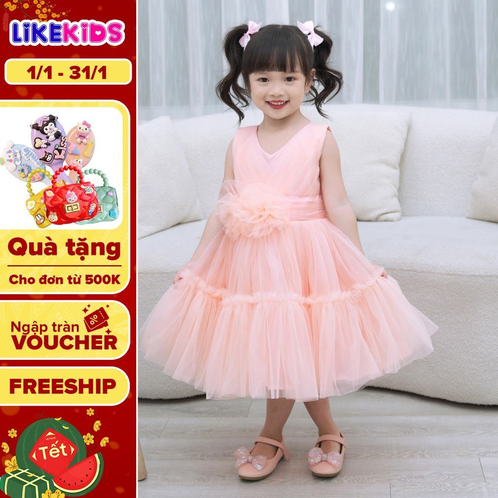 Đầm công chúa, váy bé gái họa tiết eo hai hoa L46 - Likekids
