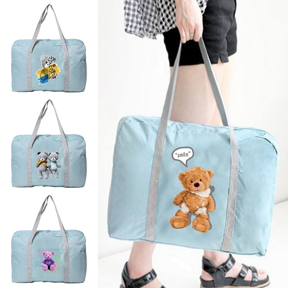 Tangan Dapat dilipat Travel Bag Unisex Foldable Duffle Bag Bear Print OrganizersPacking Cubes Portab