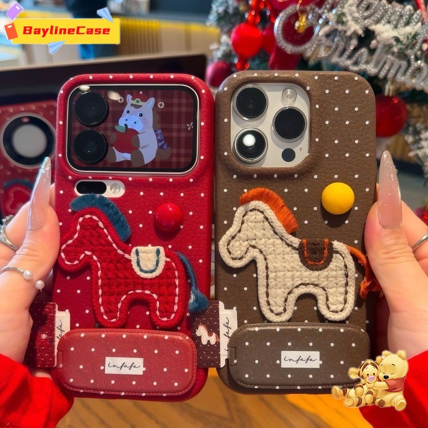Bán chạy Ins Chấm Bi Nhãn Thêu Pony Gương Lật Đứng Kết Cấu Da Vỏ Điện Thoại Tương Thích Với iPhone 17 16 15 14 13 12 11 Pro Max X Xr Xs Max 8 7 Plus Cover