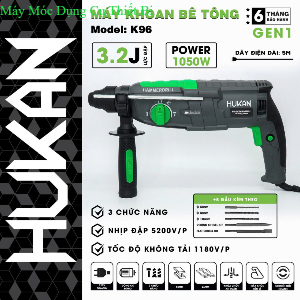 Máy Khoan Bê Tông HUKAN K96 3 Chức Năng Đa Năng Khoan - Cắt - Đục , Công Suất 1050W. MÁY MÓC T B