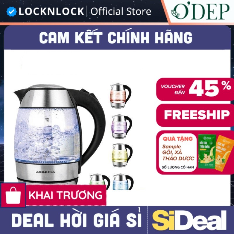 Bình siêu tốc LocknLock 1.8L chọn nhiệt độ sôi, chất liệu thủy tinh, 2200W đèn LED đổi màu EJK341 - 