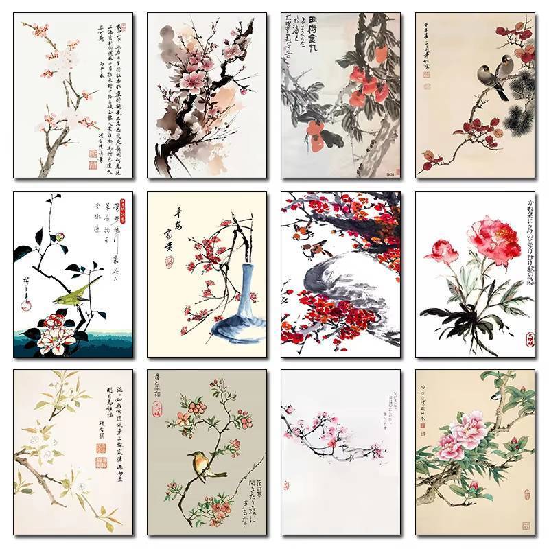 Chinese Classical Blossom Ink Painting Theme Plum Ancient Tree Canvas Mural Painting Studio Home Art