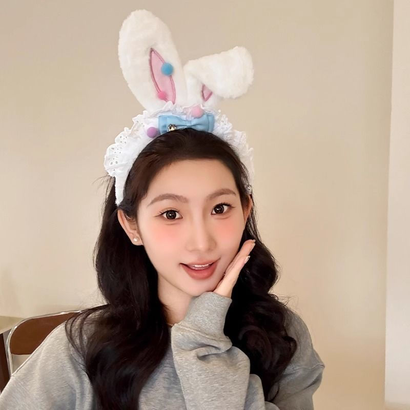 JUA Cute plush bunny ear lace bow headband for women, hair clip, children's hair accessory, new styl