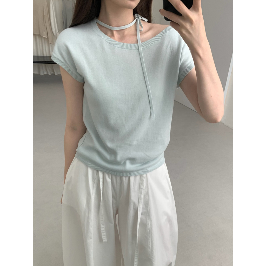 TG Simple Round Neck Off-Shoulder Tie-Up Short Sleeve Knitted Top for Women2025Summer New24807