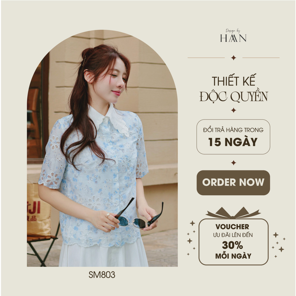 Áo Sơ Mi Nữ Kiểu Họa Tiết Hoa Xanh, Chất Liệu Thô Boi Mềm Mát HAAN Design SM803