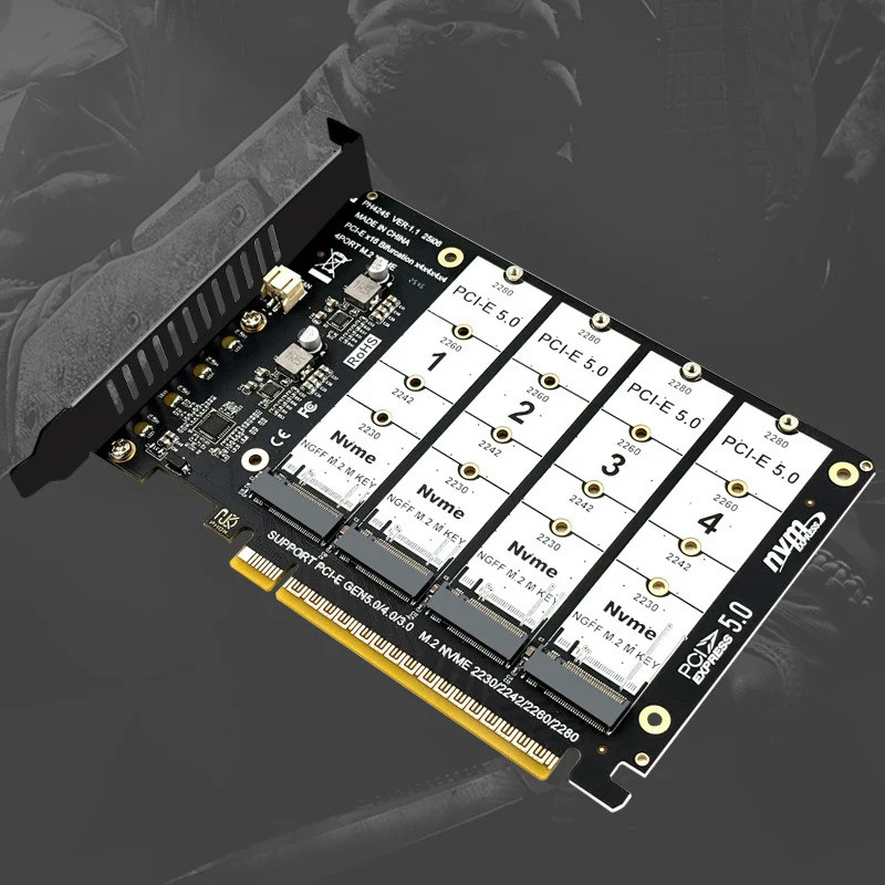 PCIE5.0 X16 sang 4 Cổng NVME Thẻ chia đôi PCI-E GEN5 16X đến 4 * 128Gbps Thẻ Raid cho 2230 2242 2260