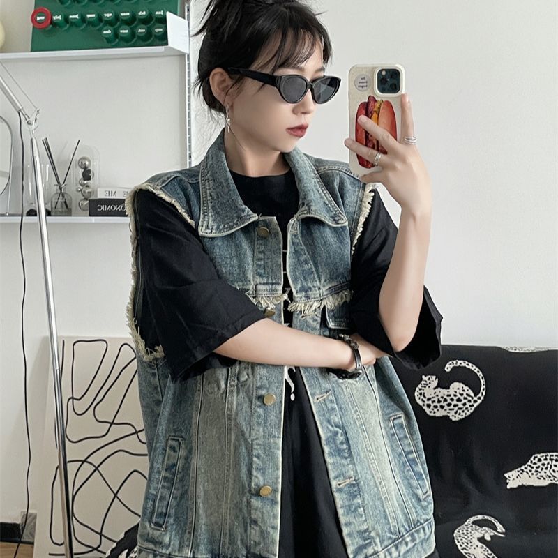 Nữ Áo Khoác Denim Oversize Cotton Raw Edge Vintage, Thích Hợp Đi Dạo Phố Mùa Xuân