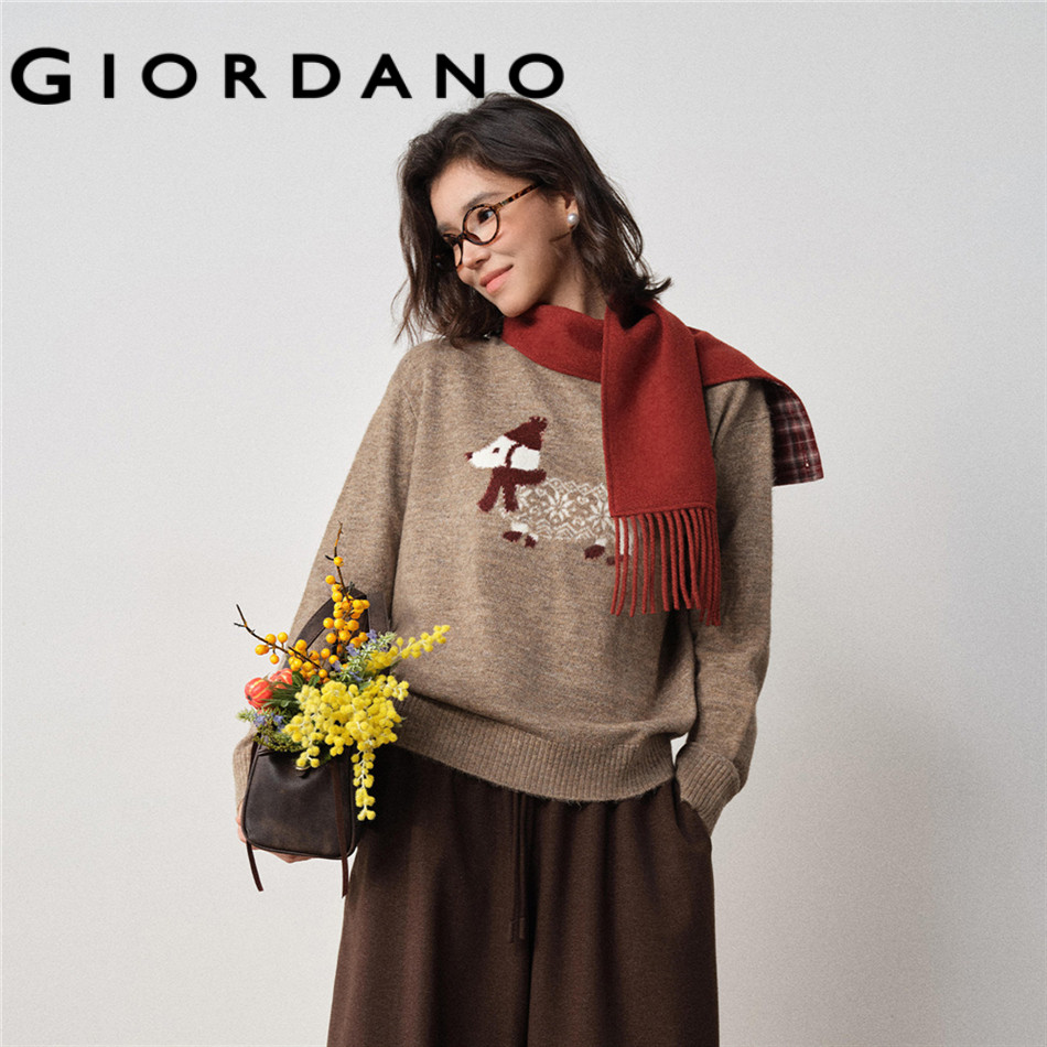 GIORDANO WOMEN Puppy jacquard crewneck loose sweater 18355304