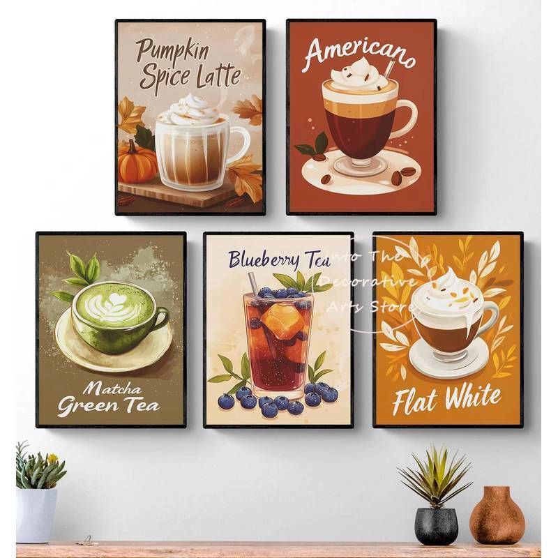 Boho Style Delicious Milk Tea Cream Coffee Cartoon Illustration Posters Canvas Paintings Wall Art Pi