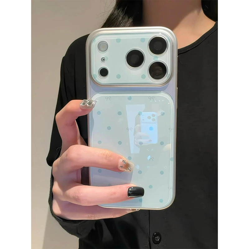 Ins Wind Blue Polka Dot Bow Blue Light Thích hợp cho iPhone 17 Promax Vỏ điện thoại IP16 Cửa sổ lớn 