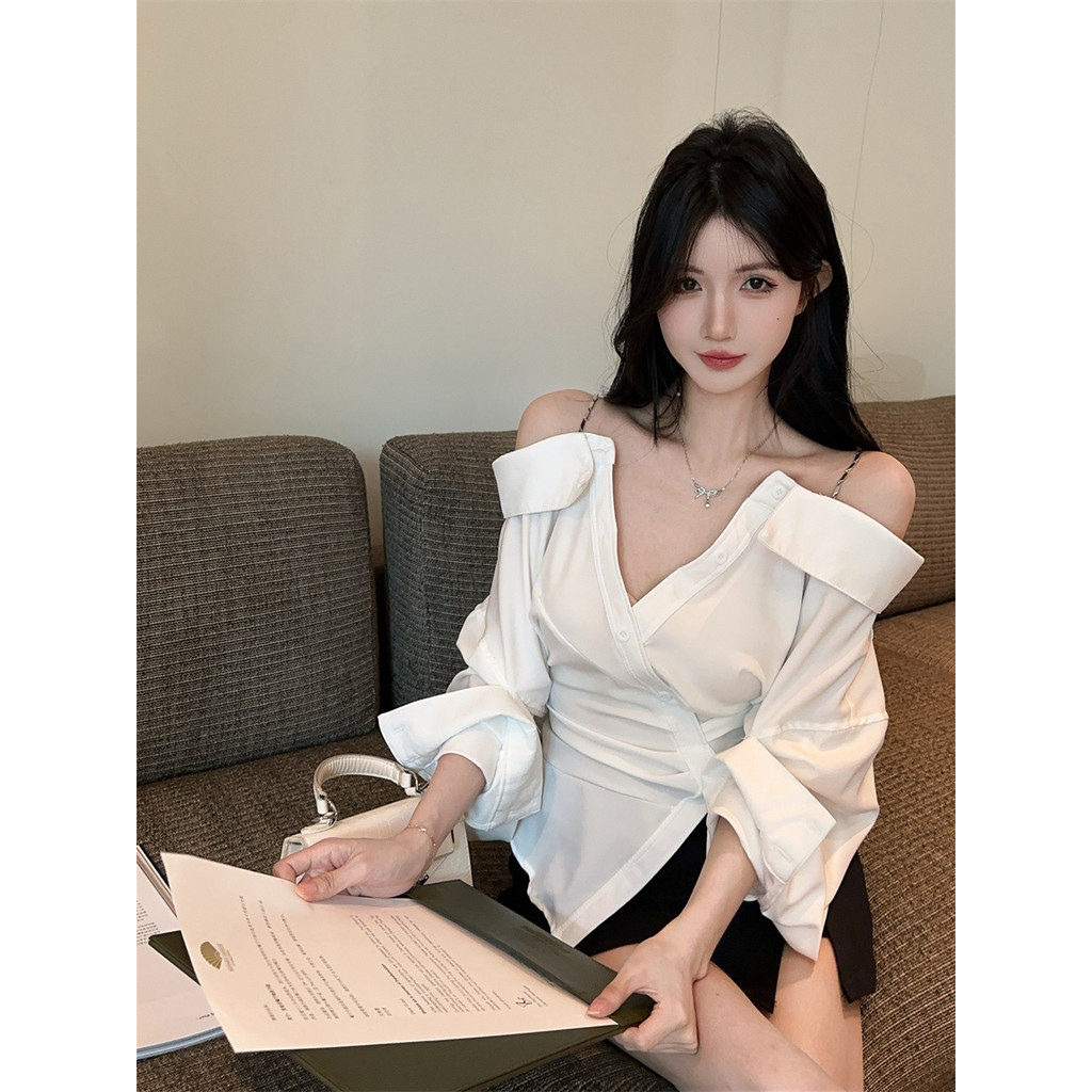 Kii Wii Áo sơ mi dài tay cổ chữ V lệch vai, phù hợp mùa hè 260414 | BigBuy360 - bigbuy360.vn