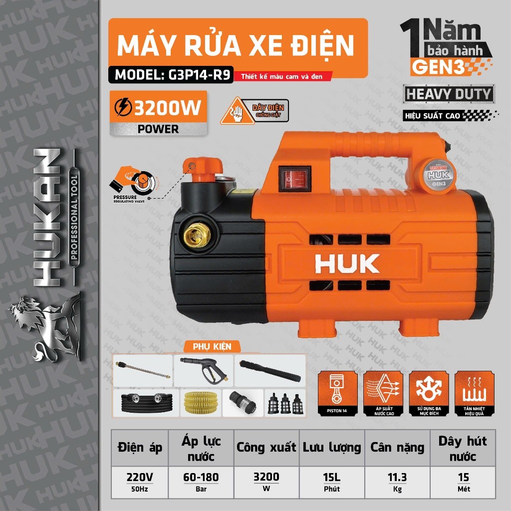 Máy Rửa Xe Chỉnh Áp HUKAN HUK G3P14-R9, 180Bar, 3200W, Không Chổi Than, Có ÁT CHỐNG GIẬT