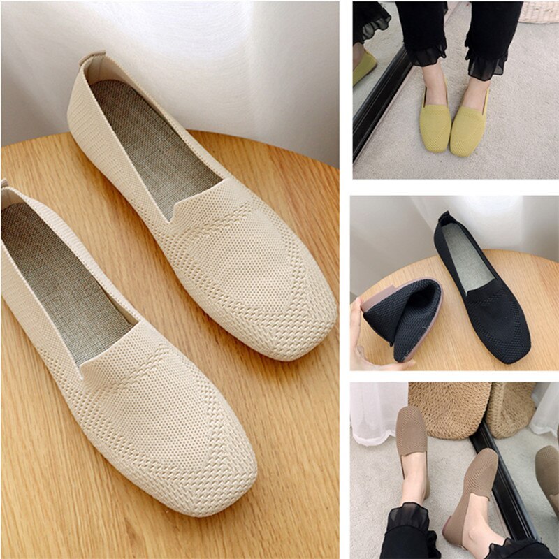 GPT Nữ Plus Size Dệt Loafers Hàng Ngày Màu Nguyên Chất Miệng Nông Bằng Trượt Trên Giày Lười Nữ