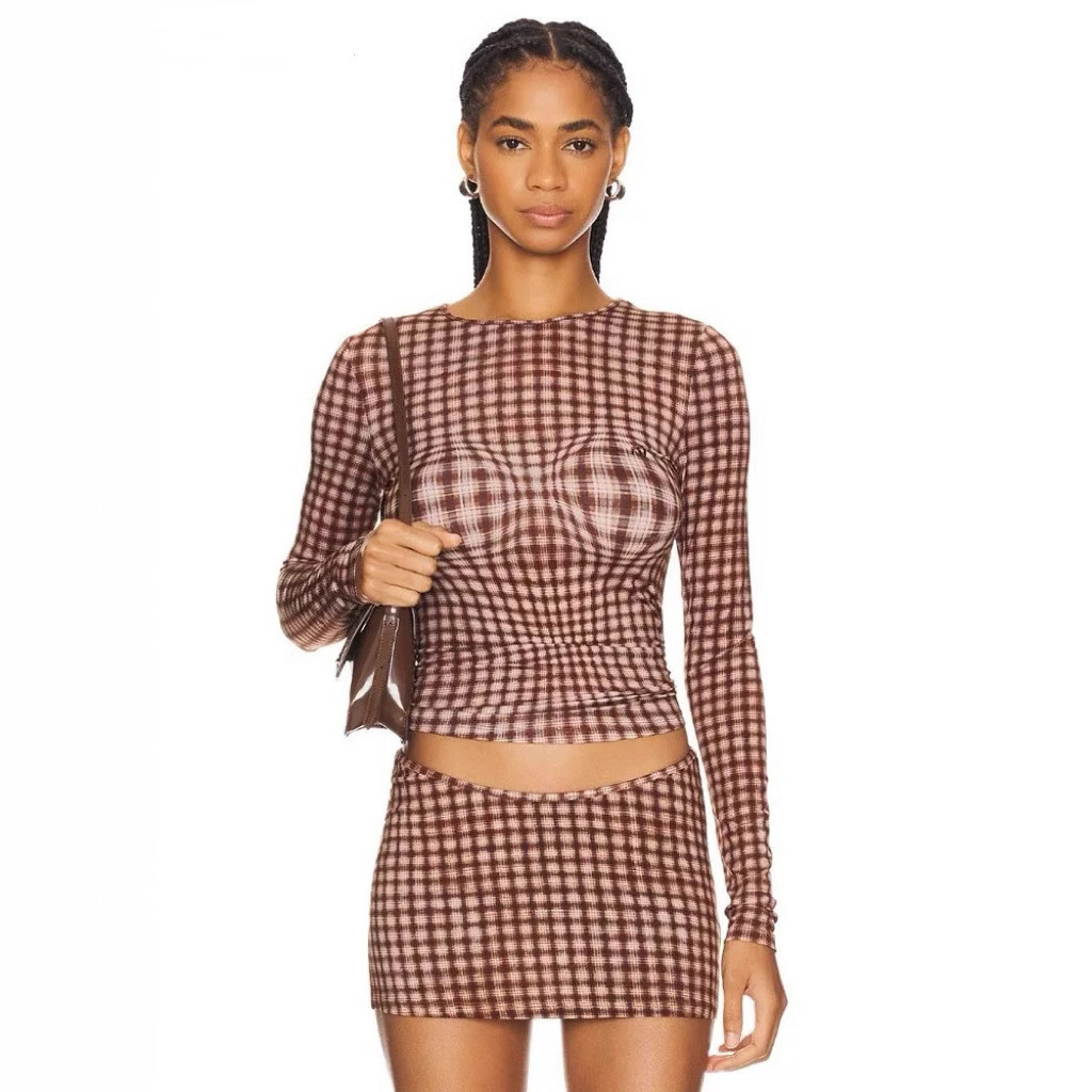 lisa Same Style American Hot Girl‘Visual Enhancement‘’Checkered Round Neck Slim Fit Long Sleeve Base