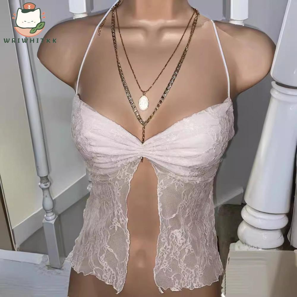 Áo Crop-Top Ren Grunge Dây Spaghetti, Style Fairycore Mùa Hè