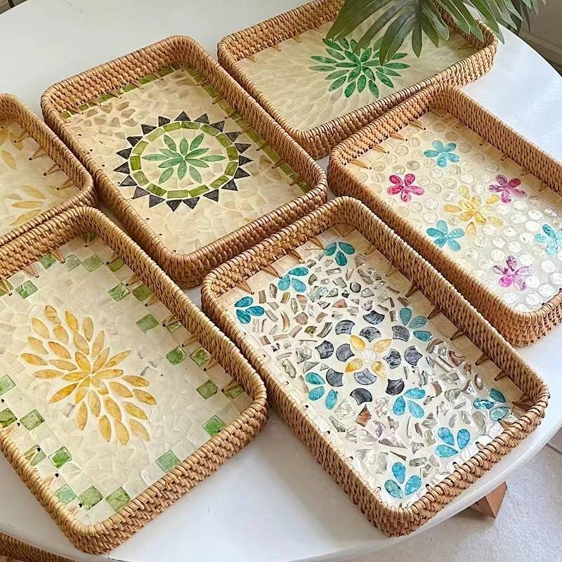 Rattan Shell Tray Rattan Storage Basket Fruit Dining Table Storage Rectangular Bread Basket Snack Ba