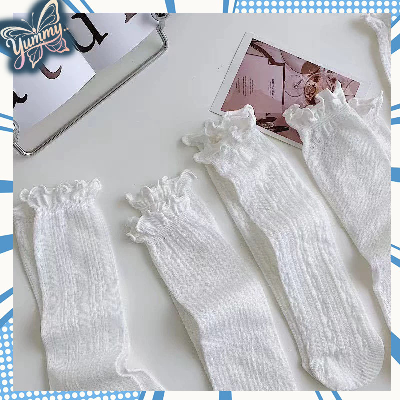 Vớ ren trắng, vớ dài đến giữa bắp chân dành cho nữ, kiểu vớ mỏng dài đa năng JK với viền ren.