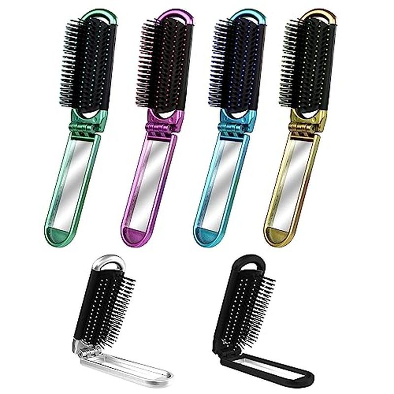 6 PCS Folding Travel Hairbrush Set with Compact Mirror for Women - Mini Pocket Brush with Mirror for