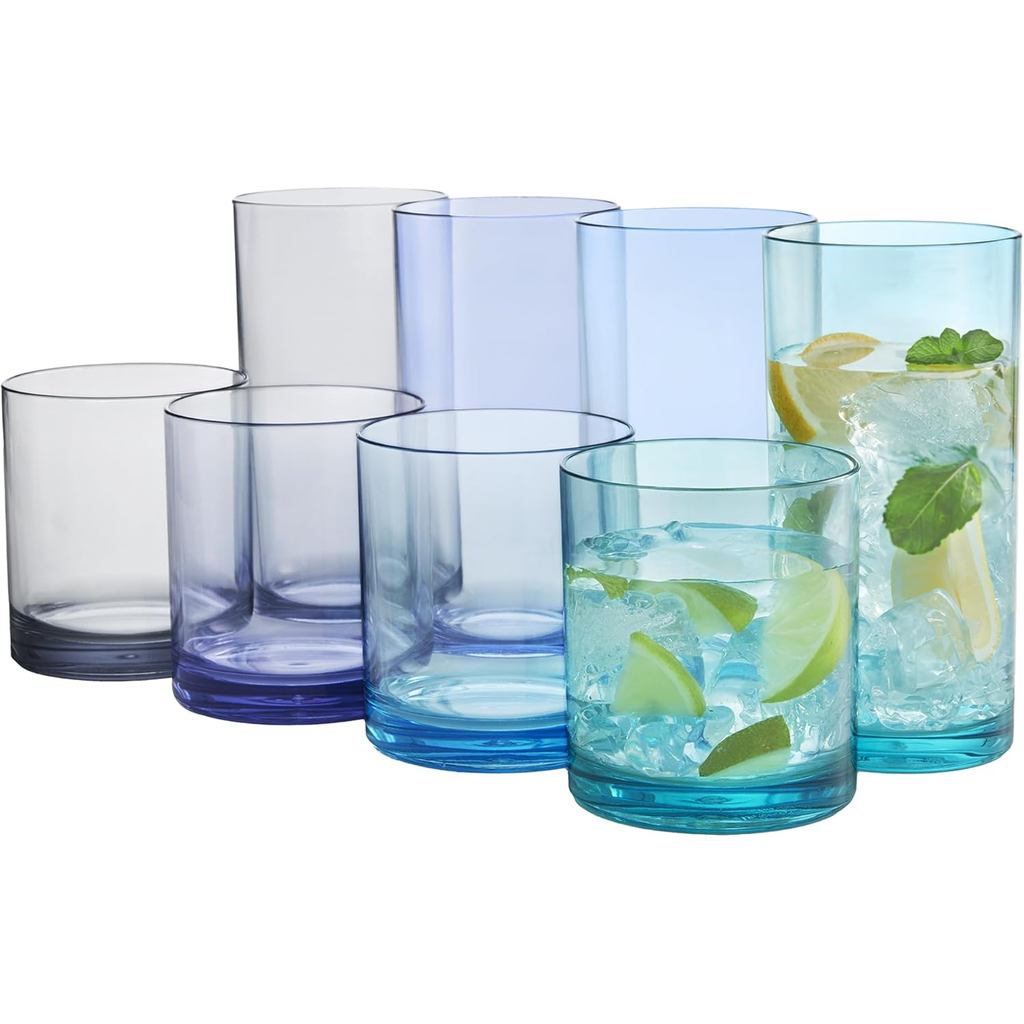 US Acrylic Classic Plastic Reusable Drinking Glasses (Set of 8) 12oz Rocks & 16oz Water Cups in Coas