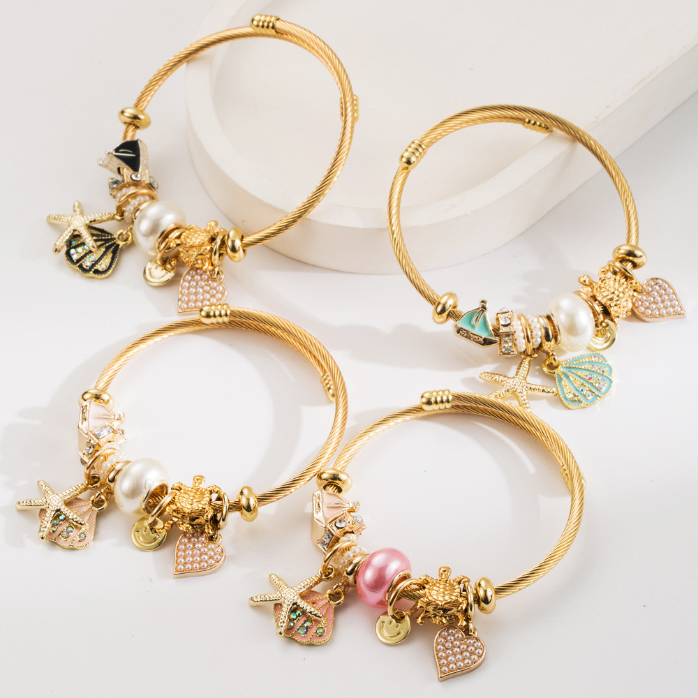 Pandora Vòng Tay Inox Kim Cương Sao Biển Vỏ Mặt Dây Chuyền Có Thể Điều Chỉnh Vòng Tay Bên Biển Kỳ Ng