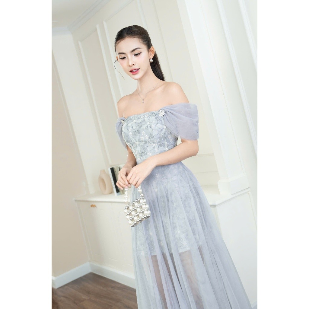 Đầm Trễ Vai Ren Hoa Phối Lưới Xoè Dành Cho Đi Tiệc & Đi Chơi - D1399