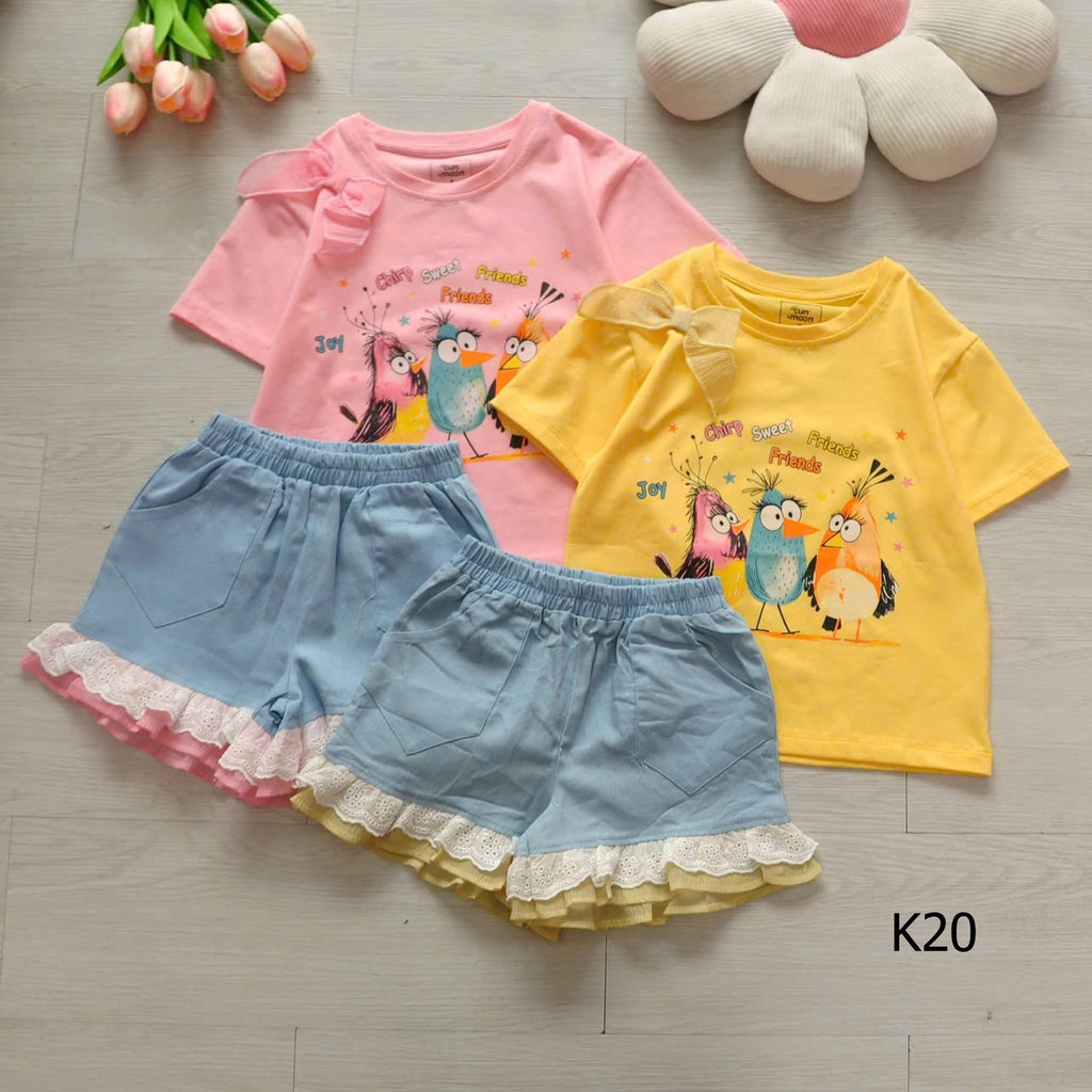 Set áo cotton đính nơ phối quần giả jean bèo ren dễ thương cho bé gái K20
