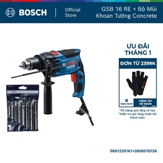  Máy khoan động lực Bosch GSB 16 RE  Hộp nhựa  - Tặng kèm 1 Bộ mũi khoan tường Bosch Concrete 3 4 5 6 7 8 9 10 
