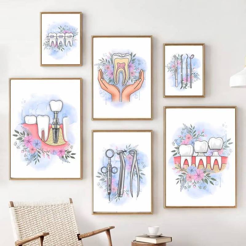 Watercolor Tooth Anatomy Floral Caduceus Dentist Gift Wall Poster No Frame Canvas Painting Wall Pict