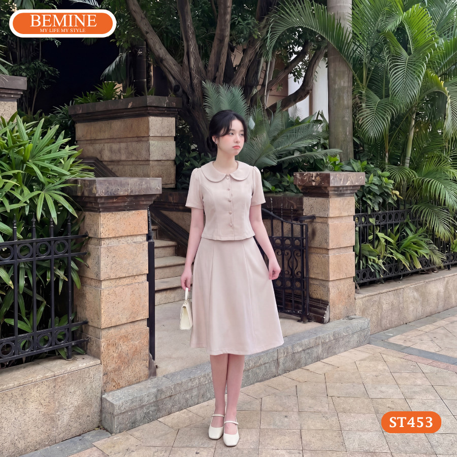 Set thiết kế BEMINE áo cổ sen đính cúc chân váy chữ A-ST453