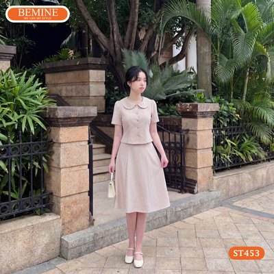 Set thiết kế BEMINE áo cổ sen đính cúc chân váy chữ A-ST453