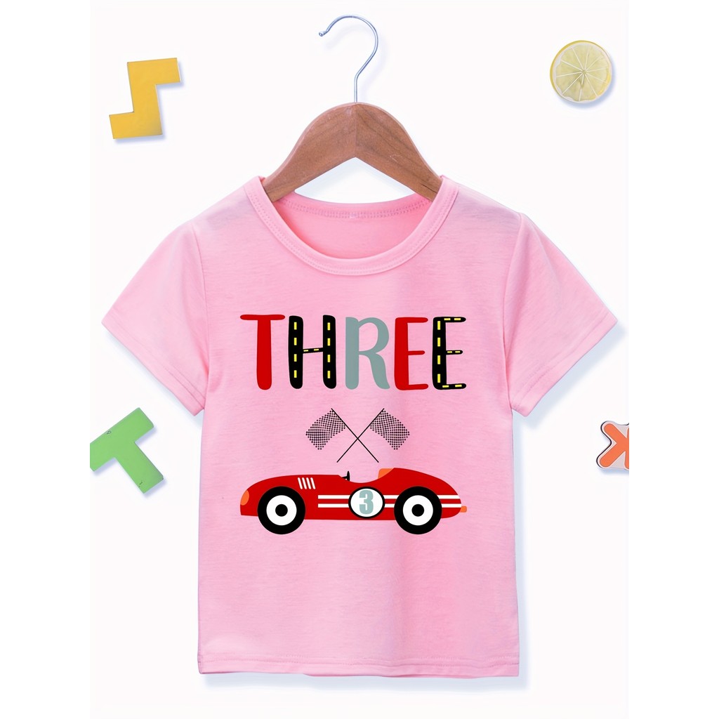 Áo thun xe đua sinh nhật lần thứ 3 cho bé trai - Màu hồng số 3 với xe đua & in cờ ca rô, Trang phục 
