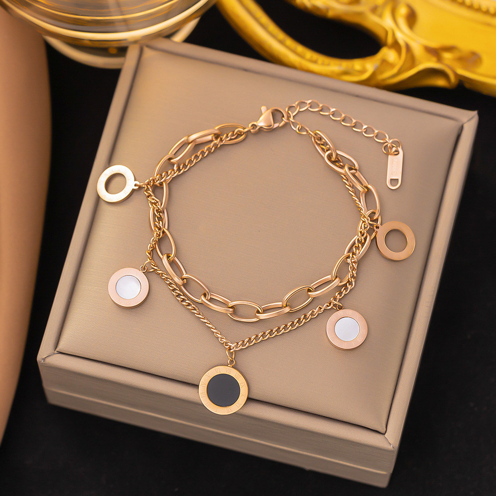 Vòng tay thép titan hai lớp khắc chữ số La Mã, mạ vàng 18K