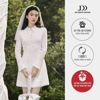  Đầm Dáng Ôm Cổ Đức Dài Tay 1S65.2508L – Đầm Ren Trắng Dự Tiệc Thanh Lịch Đầm Mini Bridal Vintage Quiet Luxury Bởi JM 