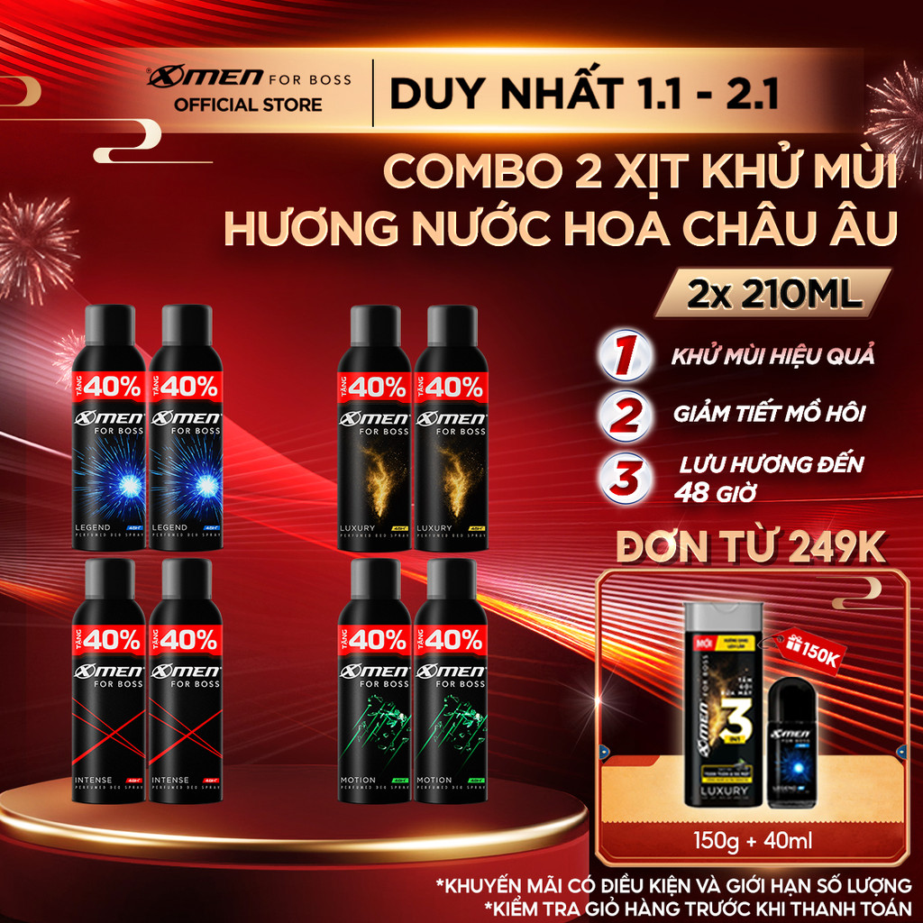   Tặng thêm 40% dung tích  Combo 2 Xịt khử mùi XMen For Boss 210ml chai Hương Nước Hoa Châu Âu Khô Thoáng Lưu Hương 48H 