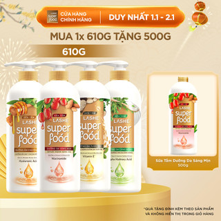  Combo Sữa Tắm LASHE SUPERFOOD 610G và Sữa Tắm LASHE SUPERFOOD Dưỡng Da Sáng Mịn 500G 