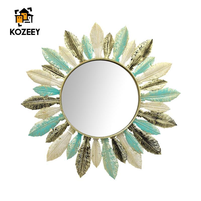 KOZEEY Wrought Iron Feather Wall Mirror, Trang trí tròn, Gương treo, Khung kim loại cho