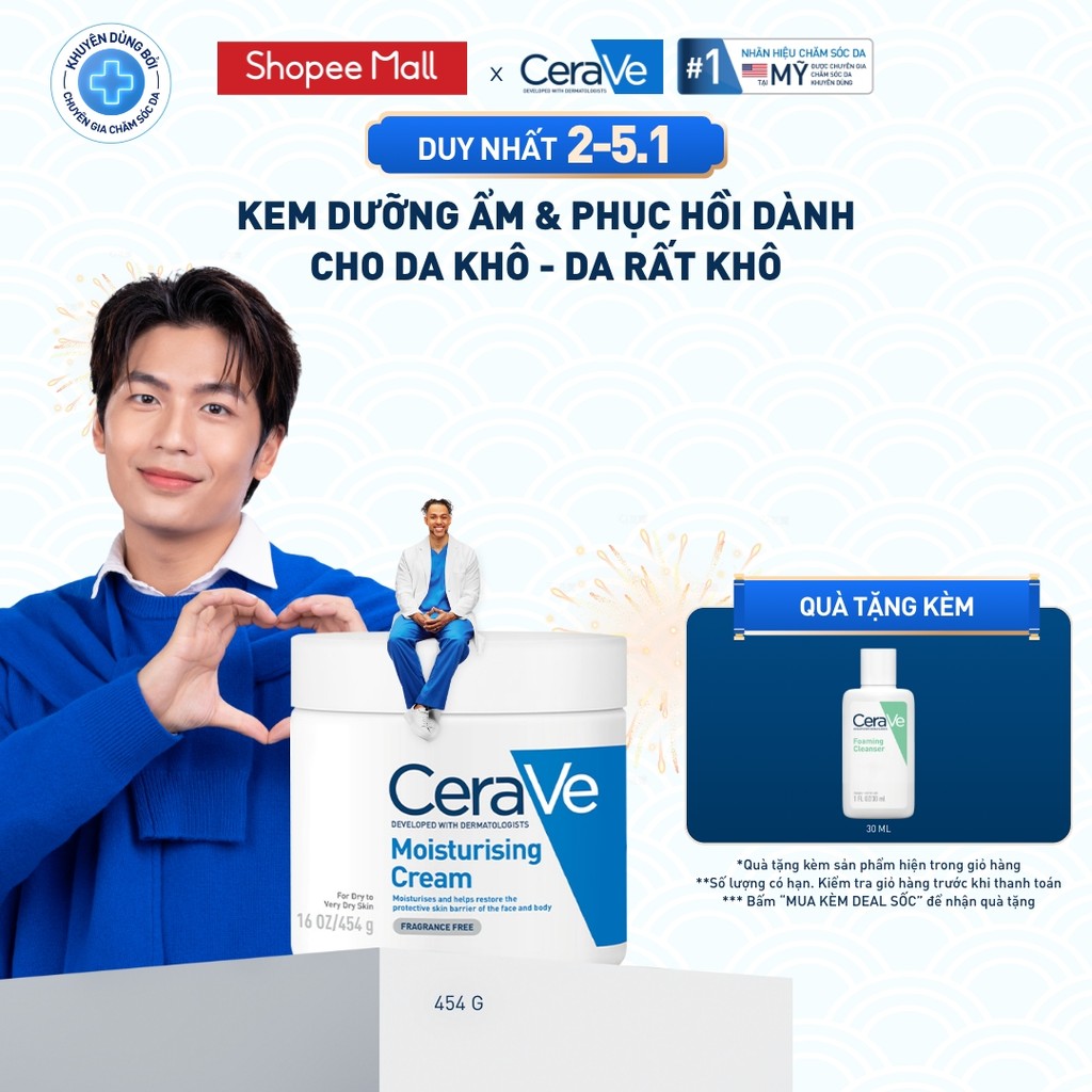  Kem dưỡng ẩm phục hồi sâu và ẩm mịn suốt 48H dành cho da khô duy trì hàng rào bảo vệ da CERAVE MOISTURISING CREAM 454G 