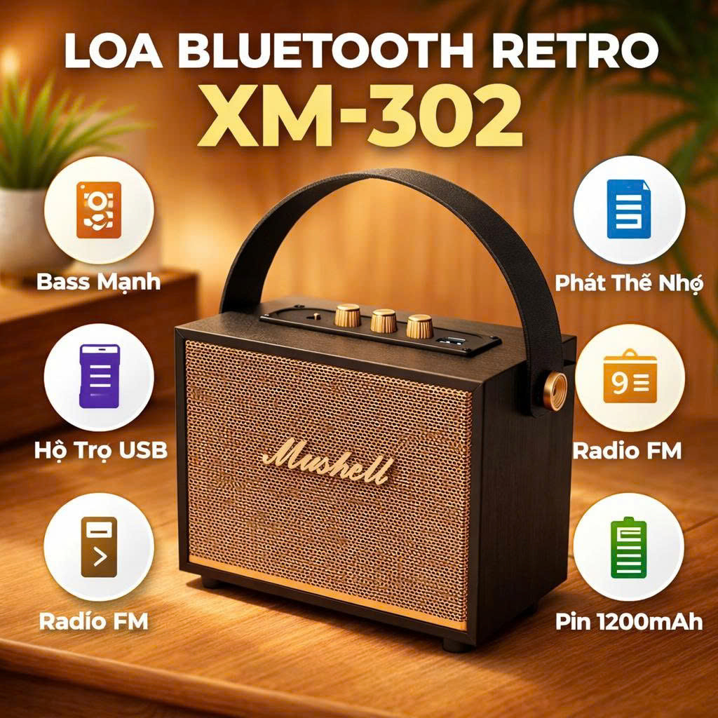Loa Bluetooth XM-302 thiết kế vintage trang trí văn phòng âm thanh stereo 10W hỗ trợ FM USB pin 5h