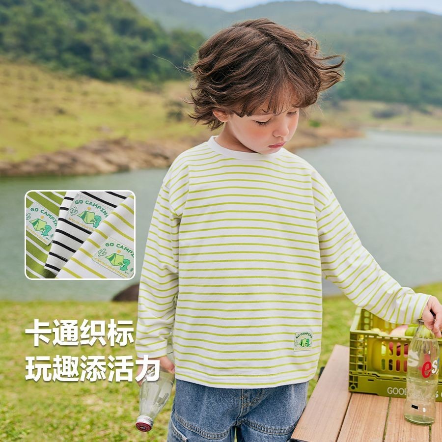 Right Ou Boys Mountain Series Sọc Áo Thun Dài Tay Xuân Thu 2025 Quần Áo Trẻ Em Trẻ Em Trẻ Em Thời Tr