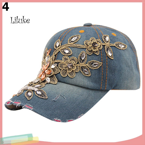 LK Hoa Dập Nổi Kim Cương Giả Denim Mũ Bóng Chày Thời Trang Mùa Hè Nữ Mũ Quần Jean