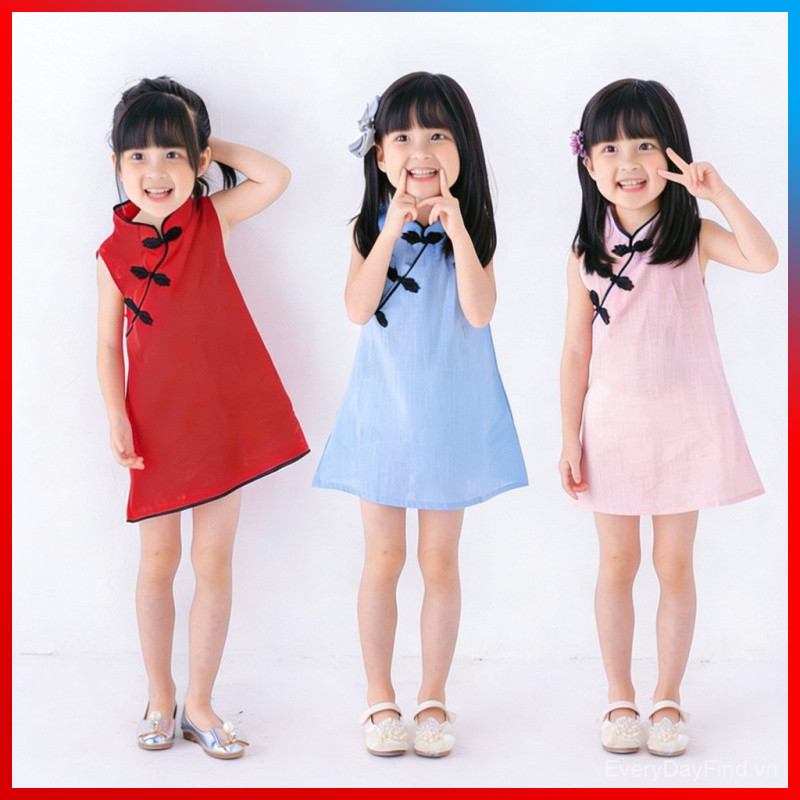 Mùa Hè Mới Bé Gái Màu Trơn Vải Lanh Cotton Sườn Xám Cho Bé Gái Đầm Công Chúa Phong Cách Trung Hoa Sư