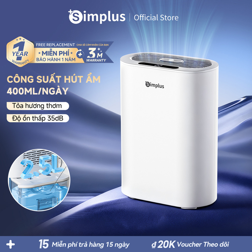  Simplus Máy hút ẩm Công suất hút ẩm: 400mL ngày Bình chứa lớn 2.5L Độ ồn thấp 35dB CUSH007 
