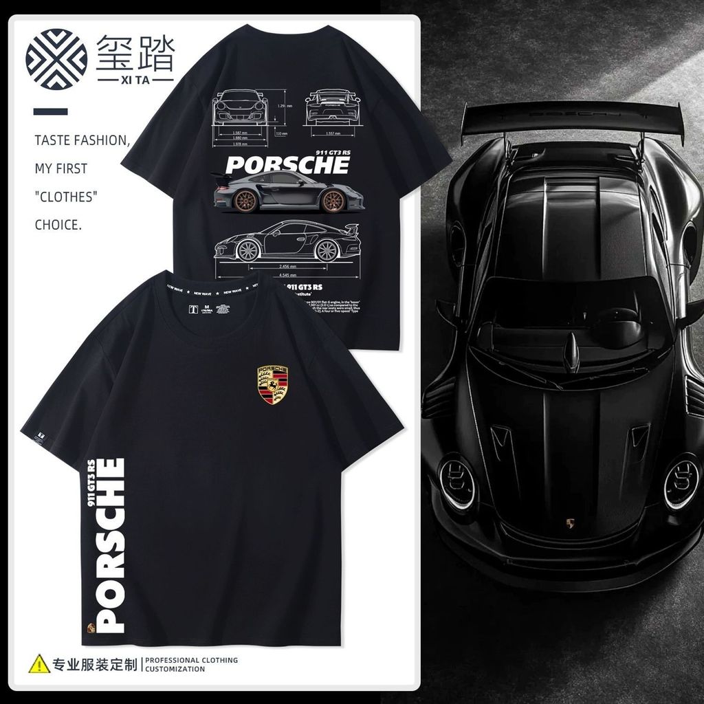 PORSCHE short-sleeved T-shirt, 911GT3 RS graphic short-sleeved T-shirt, sports car style JDM pure co