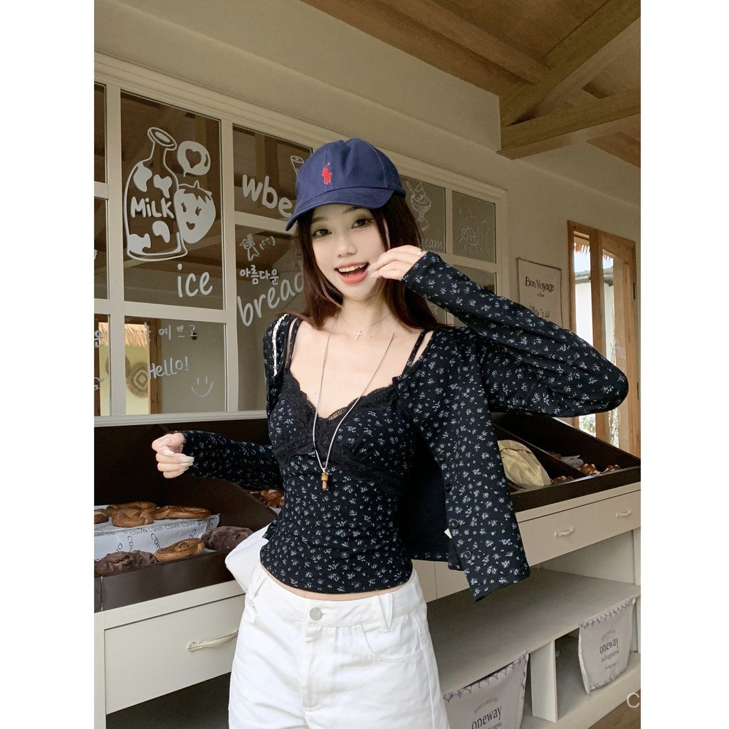 Retro Nữ] MR Method Sling [Áo khoác Cardigan nguyên bản đầu mùa thu Áo Vest ren hoa Bộ đồ hai mảnh