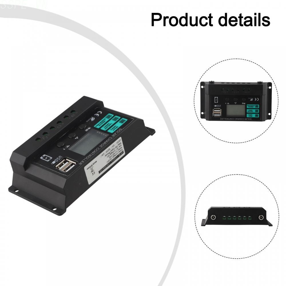 Black solar charge controller with DC port and dual USB for solar power