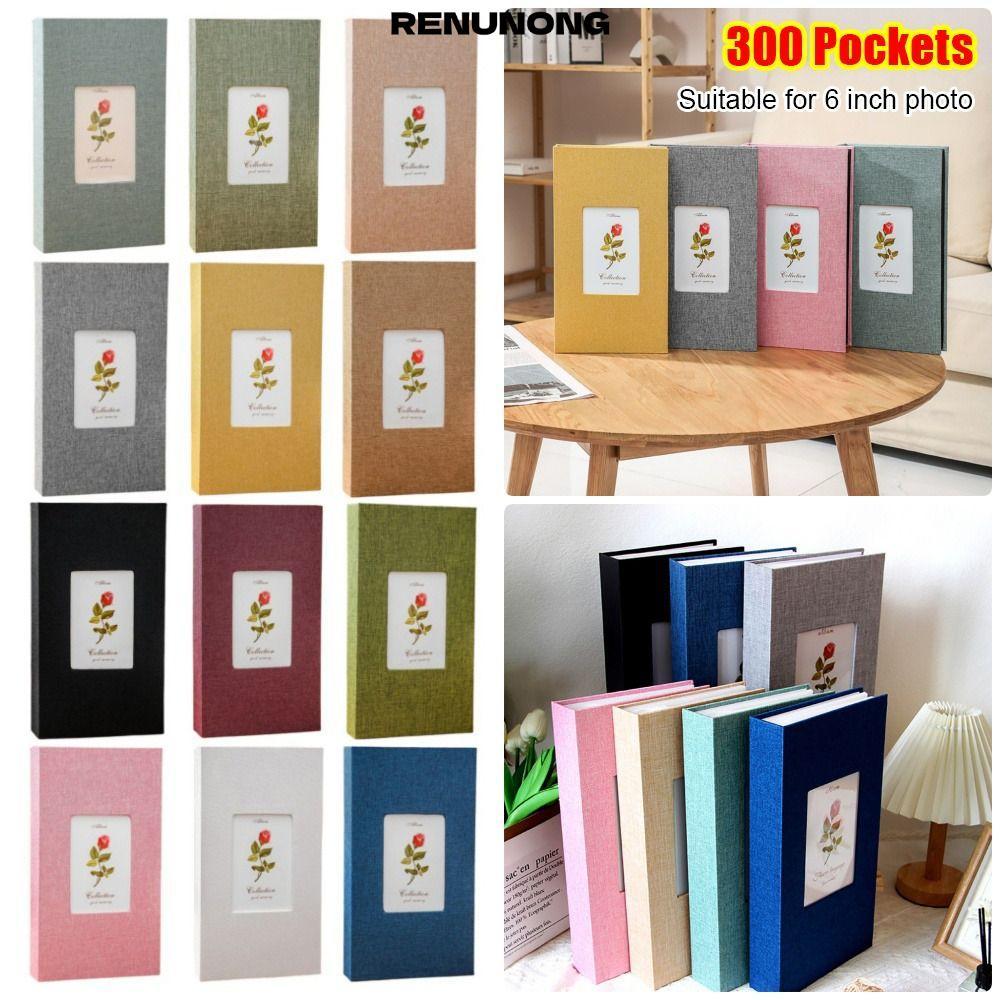 RENUNONG 1 Cuốn Sách Bảo Quản Ảnh 6 inch, Album Ảnh Vải Lanh Loại Slip-in, 300 Túi Album Ảnh Cho Ảnh