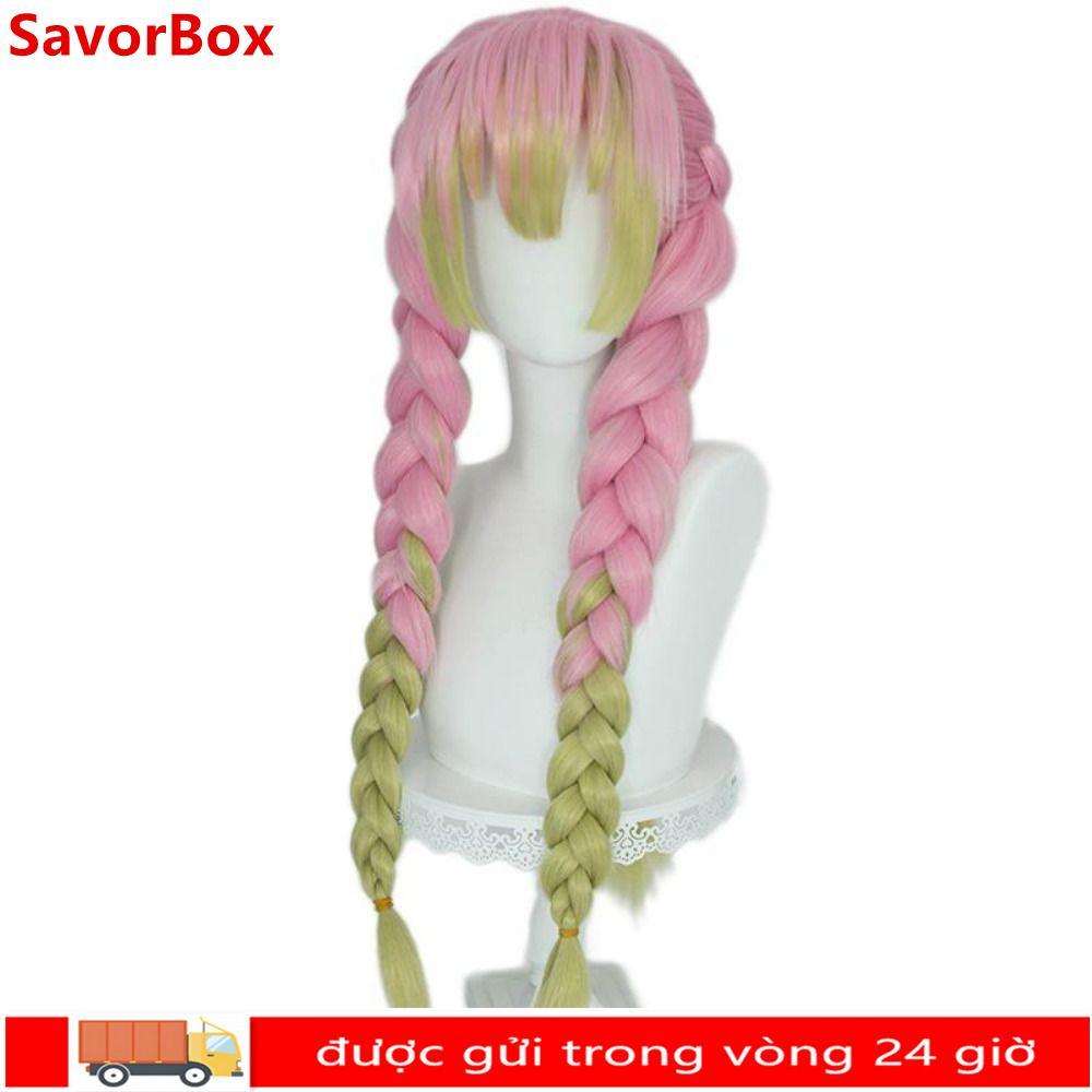 SAVORBOX Tóc giả cosplay Mitsuri Kanroji, chất lượng cao hồng xanh chịu nhiệt