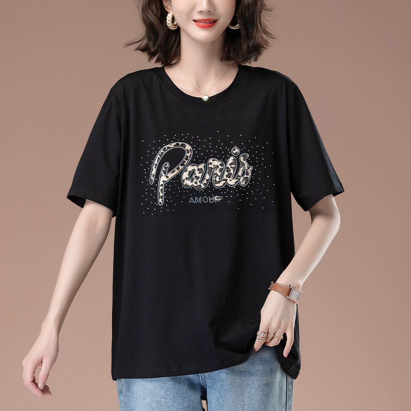 Women's Cotton Short-Sleeved T-shirt Summer plus-Sized plus Size Women's Loose Mom Casual Rhinestone