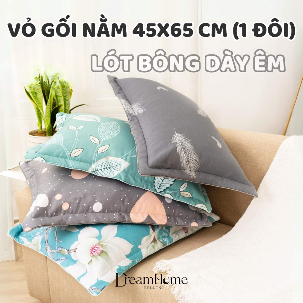 Vỏ Gối Nằm Cotton 100% 45x65 (1 đôi) Có Khóa Kéo Cao Cấp, Bao Gối Nằm Lót Bông Mỏng Dreamhomebedding