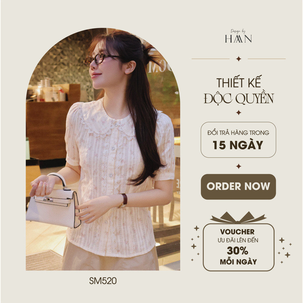 Áo Sơ Mi Nữ Cổ Tròn Viền Ren Cách Điệu, Vải Dệt Hoa Style Hàn Quốc HAAN DESIGN SM520